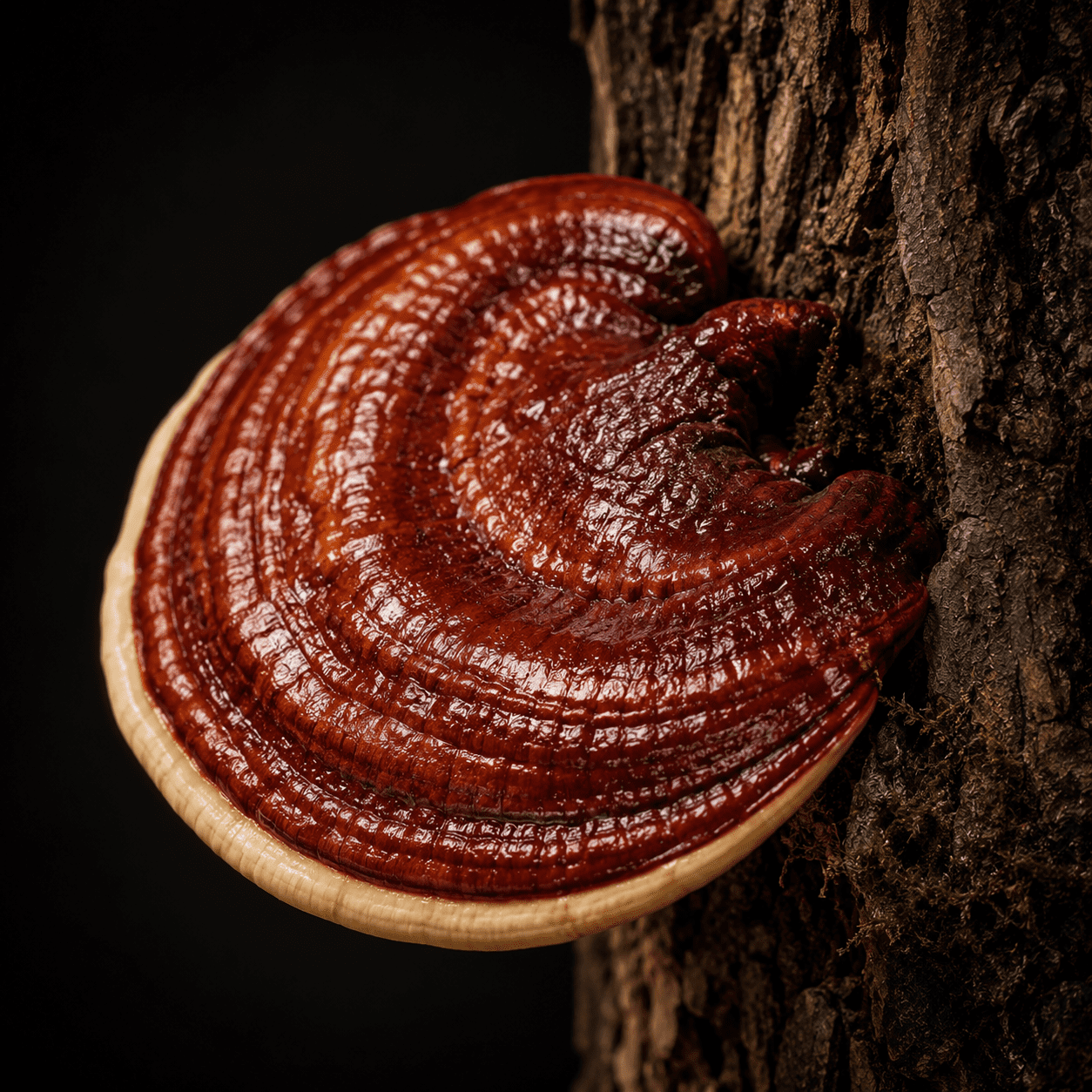 Hongo Reishi orgánico creciendo sobre corteza de árbol, Ganoderma lucidum