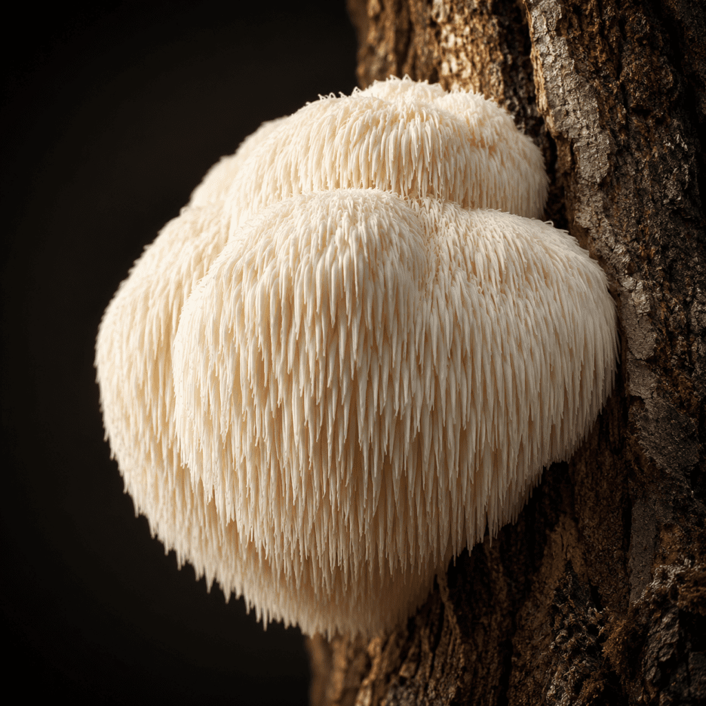 Hongo Lion’s Mane orgánico creciendo sobre árbol, Hericium erinaceus