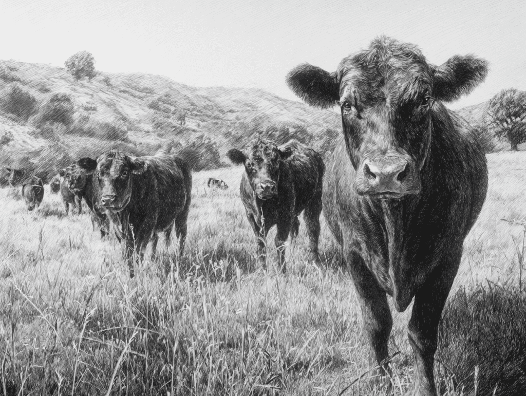 Ganado Angus en libre pastoreo representando carne premium de res Angus con origen natural y calidad superior.