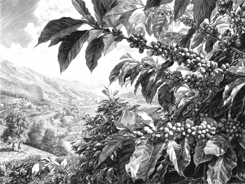 Rama de cafeto con bayas de café y paisaje de montaña representando Café Baya Energética y café de especialidad premium.