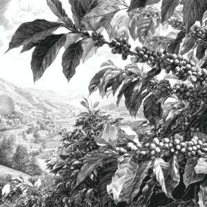 Rama de cafeto con bayas de café y paisaje de montaña representando Café Baya Energética y café de especialidad premium.