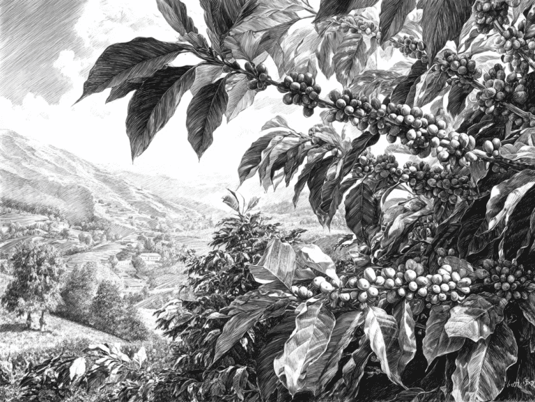 Rama de cafeto con bayas de café y paisaje de montaña representando Café Baya Energética y café de especialidad premium.