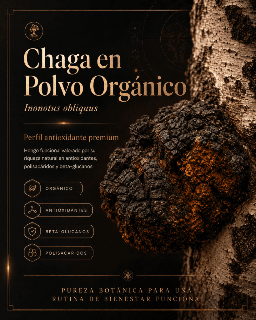 Chaga en polvo orgánico, hongo funcional Inonotus obliquus con perfil antioxidante premium