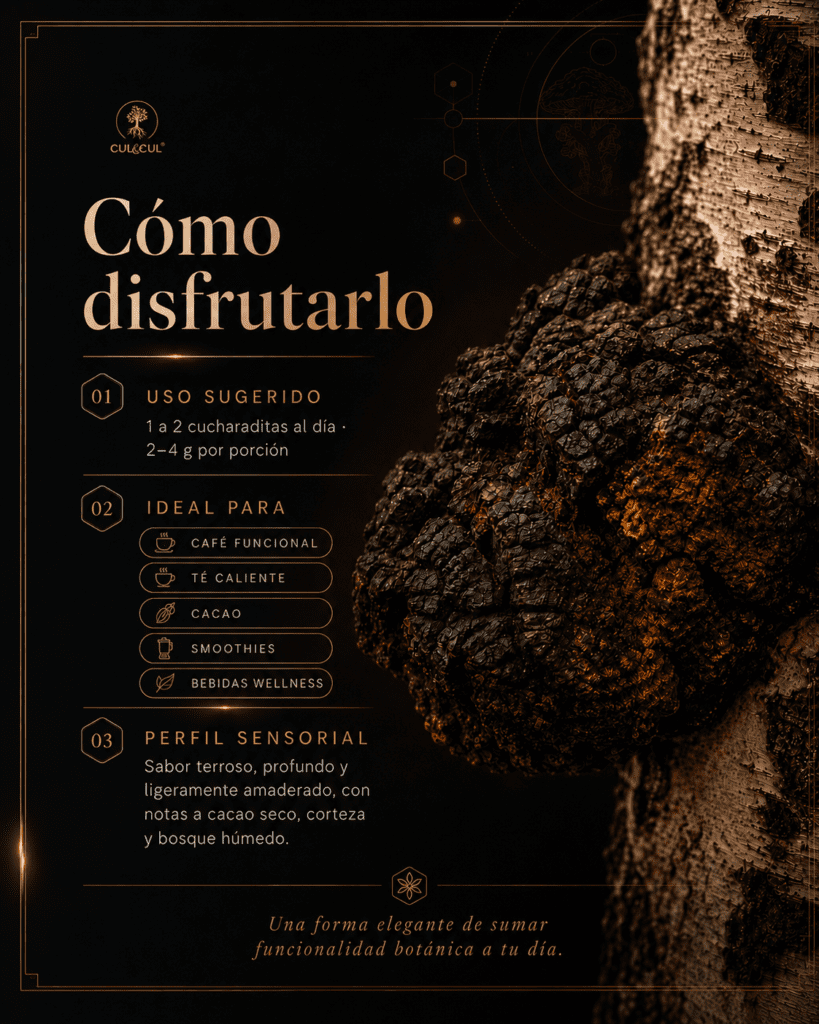 Imagen premium de galería sobre la matriz bioactiva del Chaga en Polvo Orgánico. Destaca compuestos naturalmente presentes en Inonotus obliquus como polisacáridos, beta-glucanos, melaninas, polifenoles y triterpenoides.