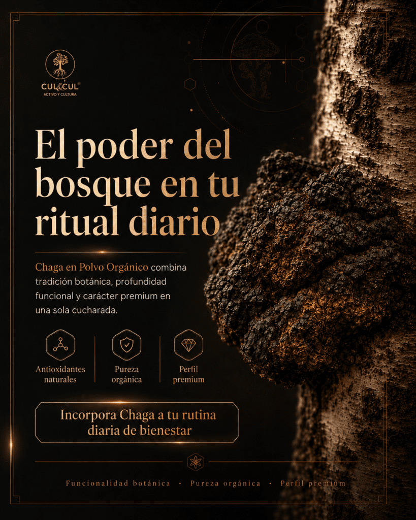 Chaga en polvo orgánico con antioxidantes naturales y perfil premium para bienestar diario