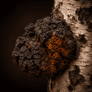 Hongo Chaga orgánico creciendo sobre árbol de abedul, Inonotus obliquus
