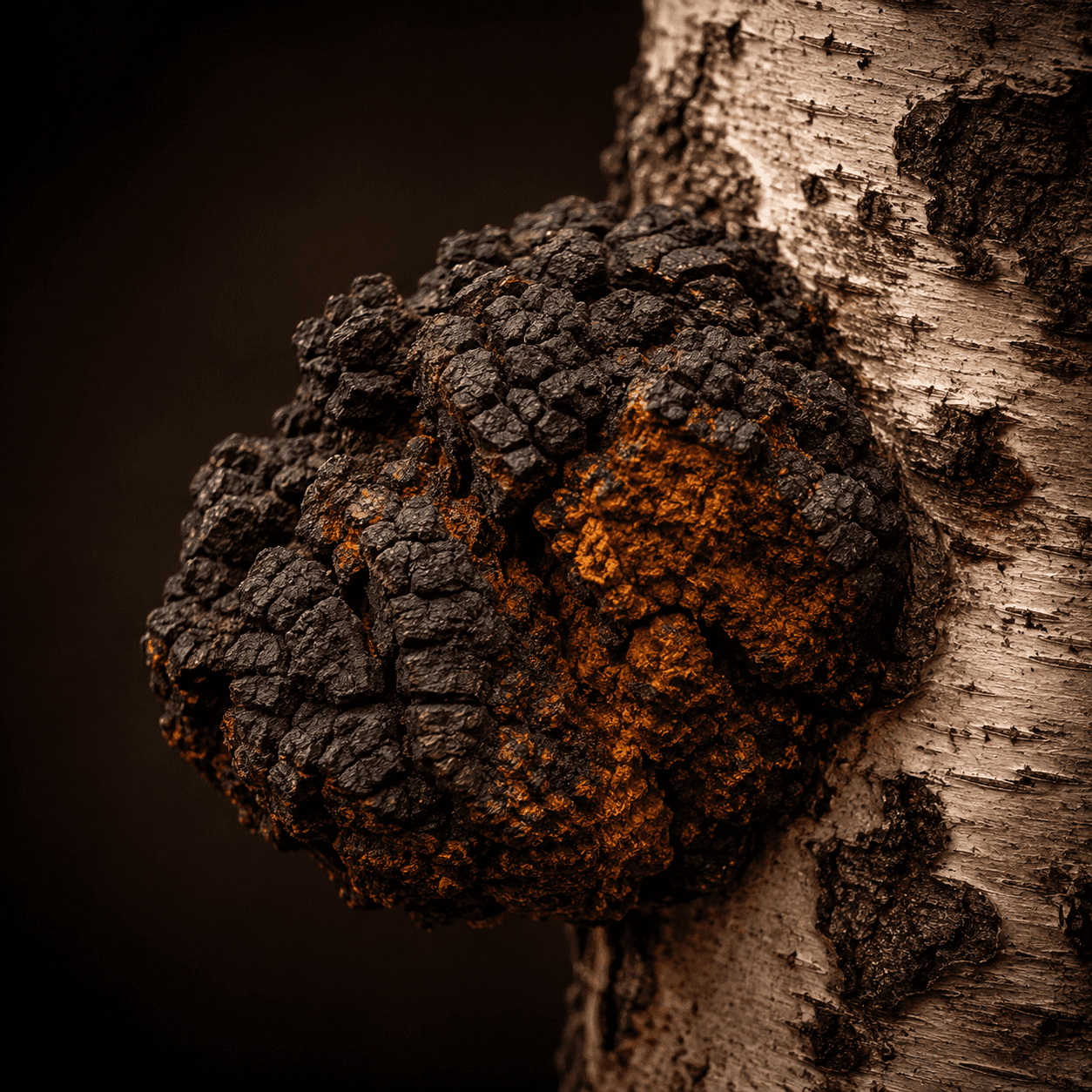 Hongo Chaga orgánico creciendo sobre árbol de abedul, Inonotus obliquus