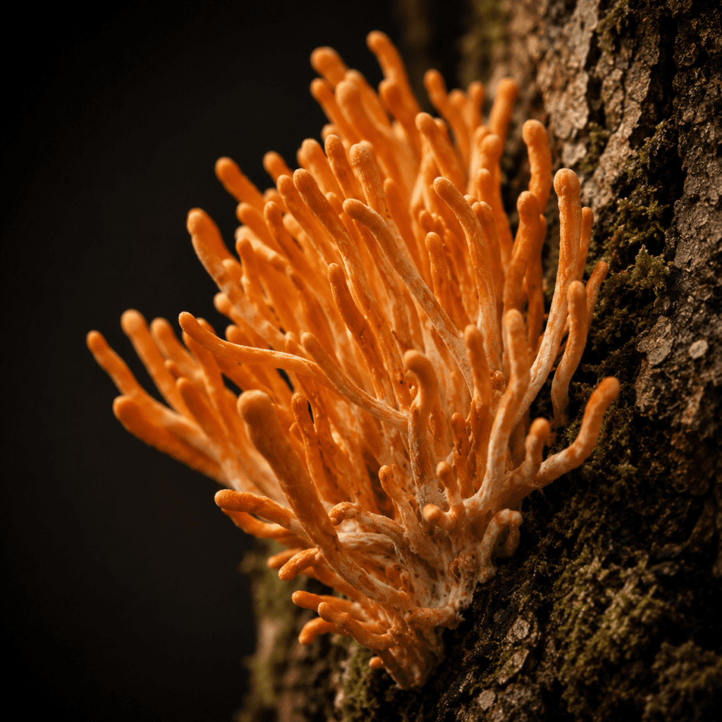 Hongo Cordyceps orgánico creciendo sobre corteza de árbol, Cordycipitaceae