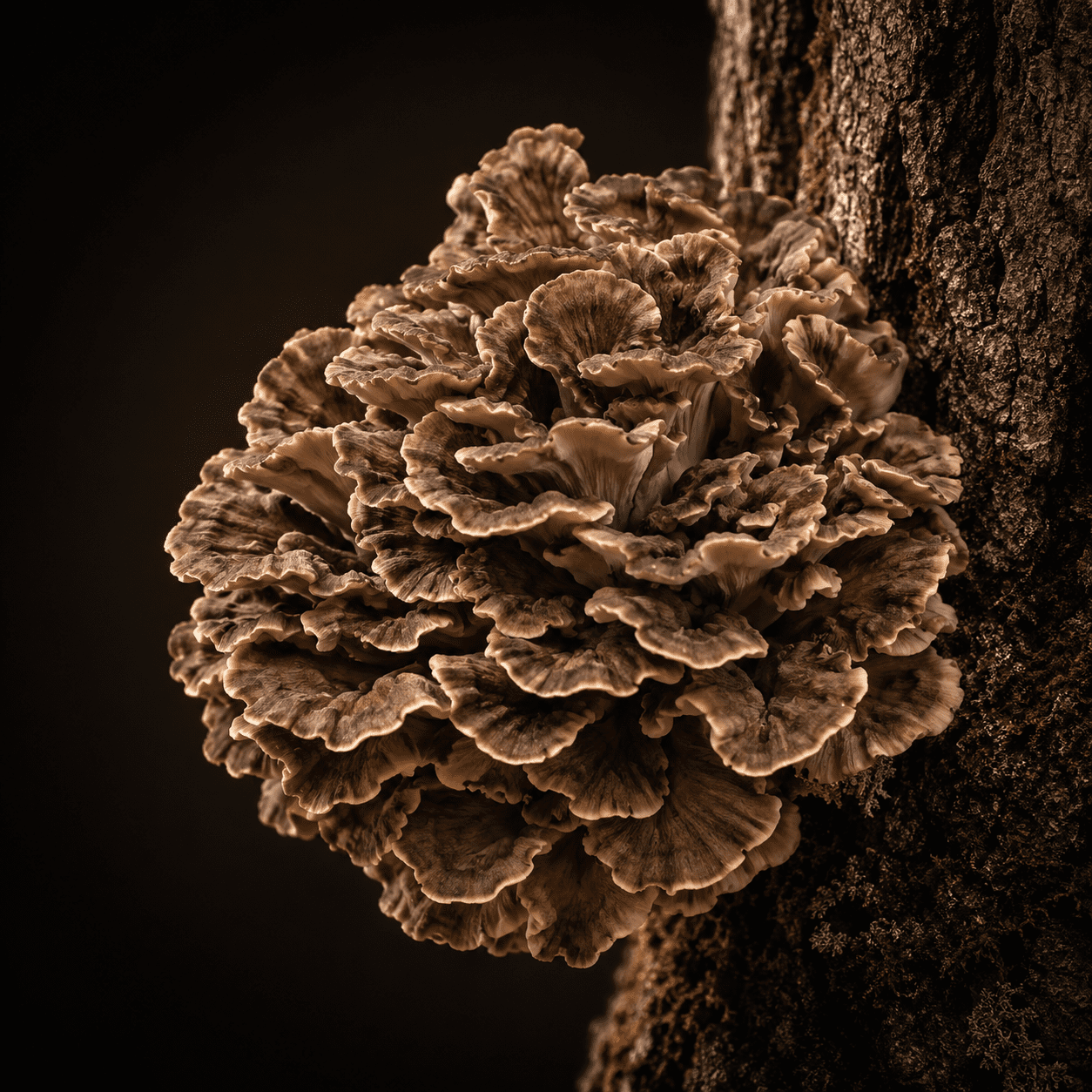 Hongo Maitake orgánico creciendo sobre corteza de árbol, Grifola frondosa
