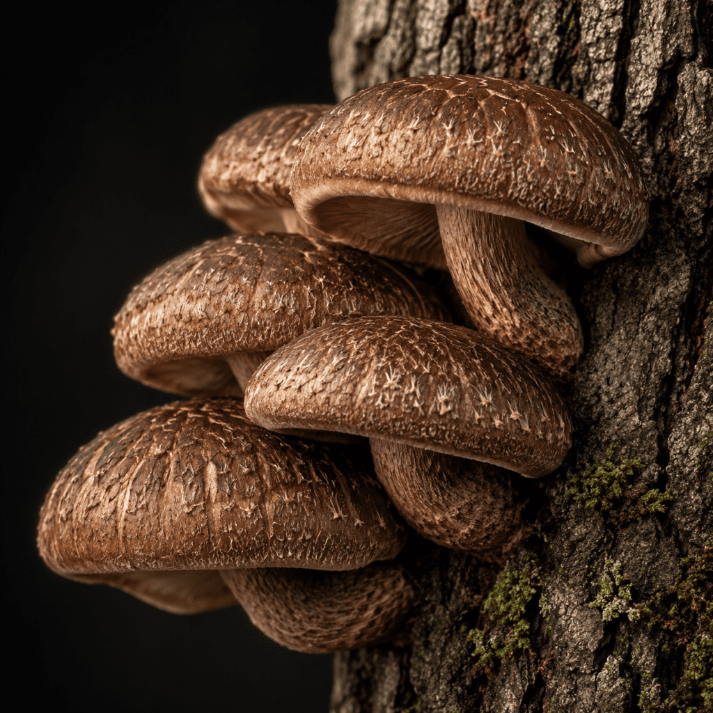 Hongo Shiitake orgánico creciendo sobre corteza de árbol, Lentinula edodes