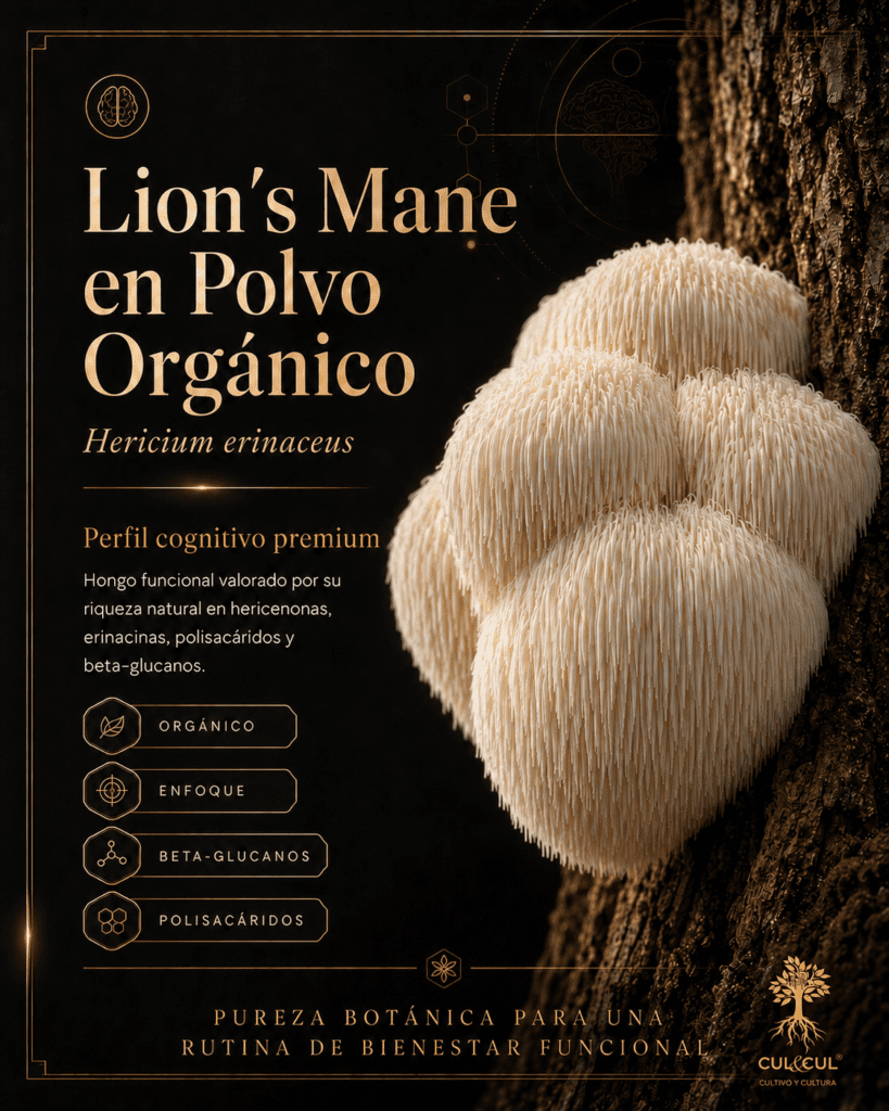 Lion’s Mane en polvo orgánico, hongo funcional Hericium erinaceus con perfil cognitivo premium