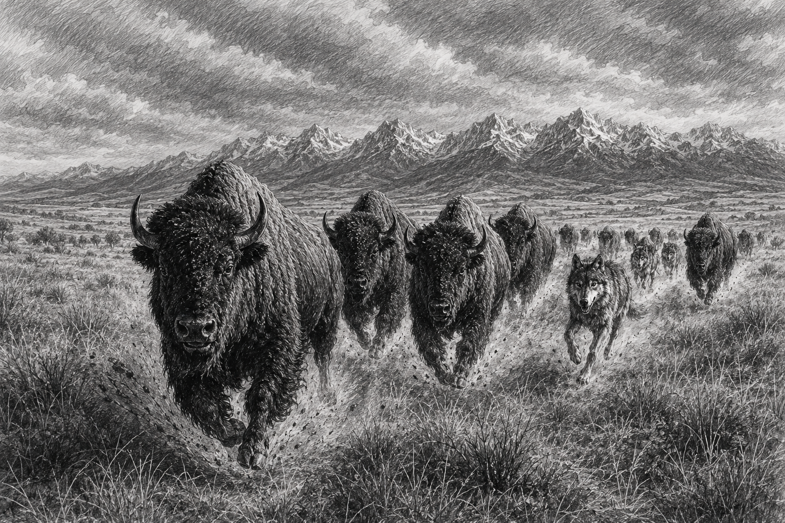 Bisontes y lobo en la pradera como inspiración del manejo holístico