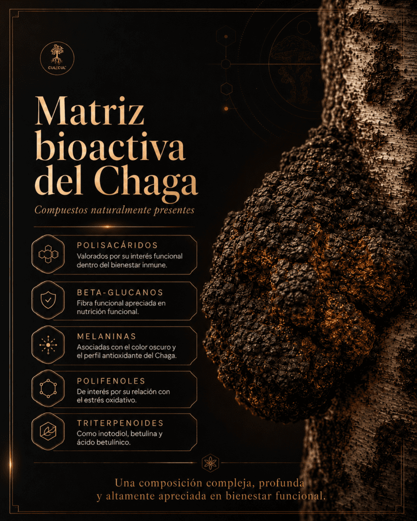Matriz bioactiva del Chaga con polisacáridos beta-glucanos melaninas y polifenoles