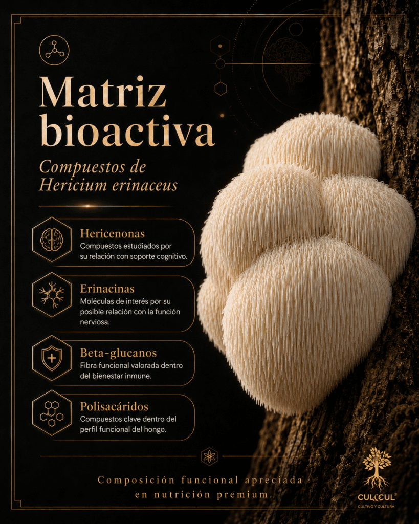 Matriz bioactiva de Lion’s Mane con hericenonas erinacinas beta-glucanos y polisacáridos