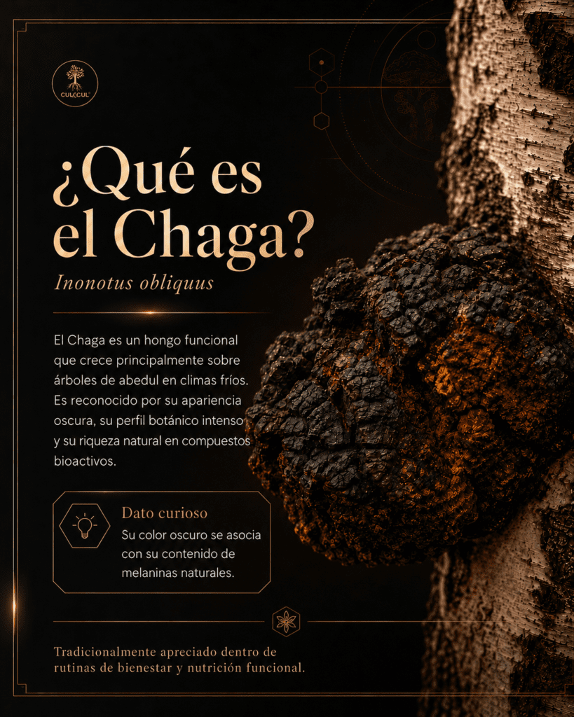 ¿Qué es el Chaga? hongo funcional Inonotus obliquus creciendo sobre abedul