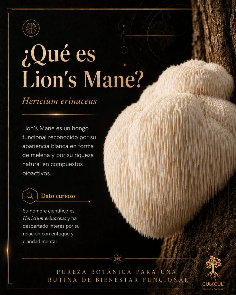 ¿Qué es Lion’s Mane? hongo funcional Hericium erinaceus creciendo sobre corteza de árbol