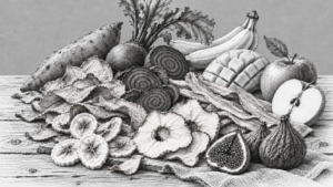 Ilustración en blanco y negro de frutas y verduras frescas junto a rodajas y chips deshidratados sobre una mesa de madera.