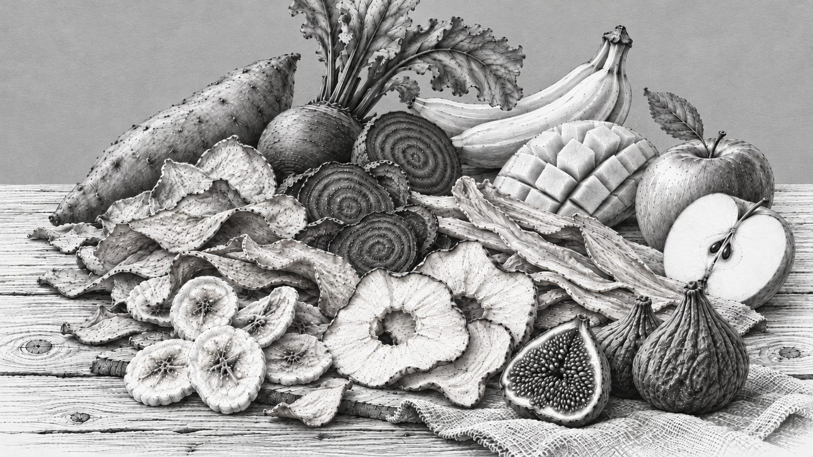 Ilustración de frutas, vegetales y alimentos deshidratados naturales de CUL&CUL