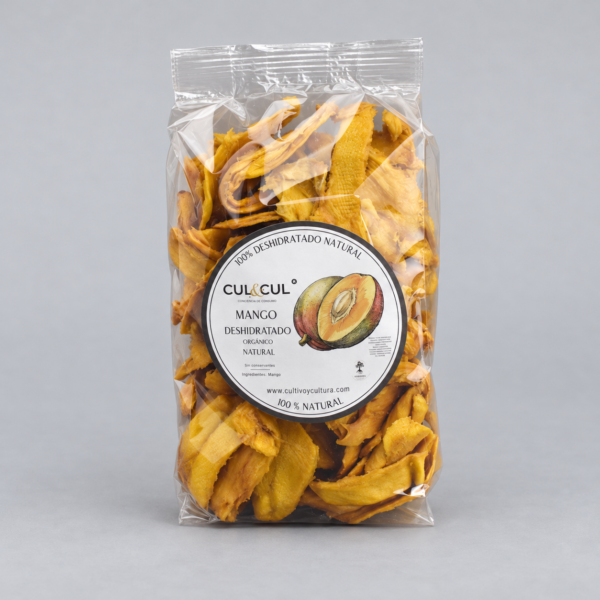 Bolsa de mayor tamaño de mango deshidratado natural, con piezas visibles a través del empaque.