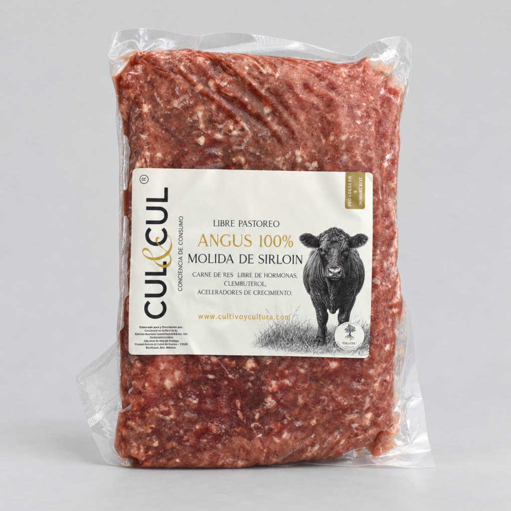 Carne molida de sirloin Angus empacada al vacío con etiqueta CUL&CUL.