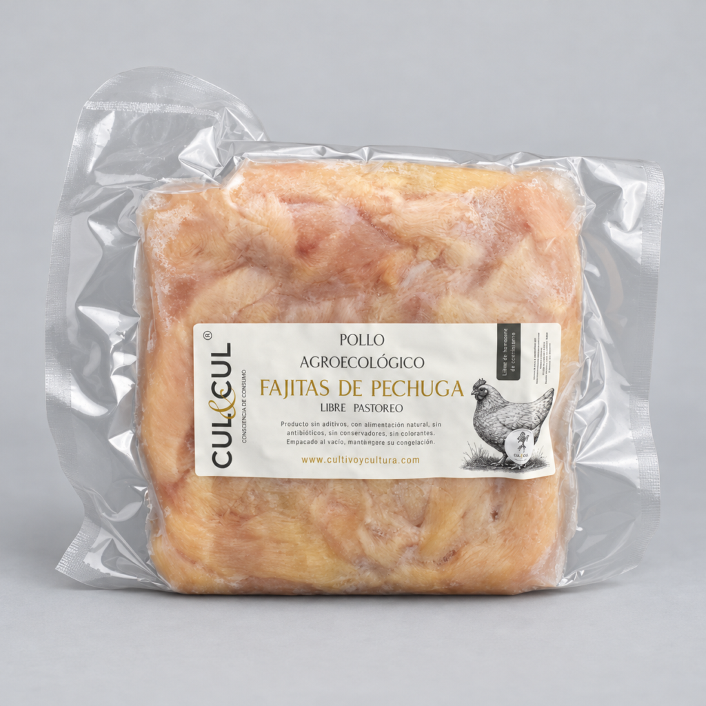 Fajitas de pechuga de pollo agroecológico en empaque al vacío con etiqueta de CUL&CUL.