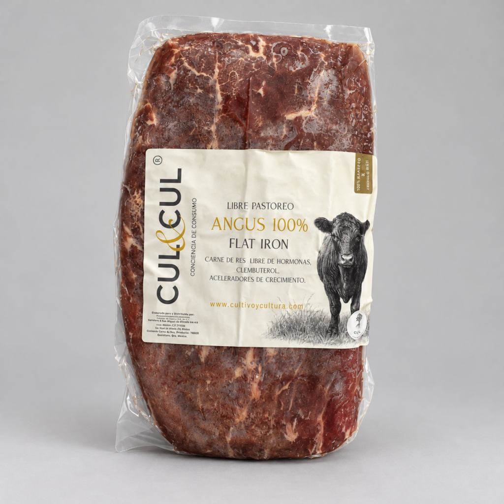 Flat Iron Angus empacado al vacío con etiqueta CUL&CUL.