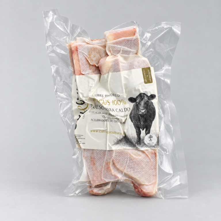 Hueso para caldo de res Angus empacado con etiqueta CUL&CUL.