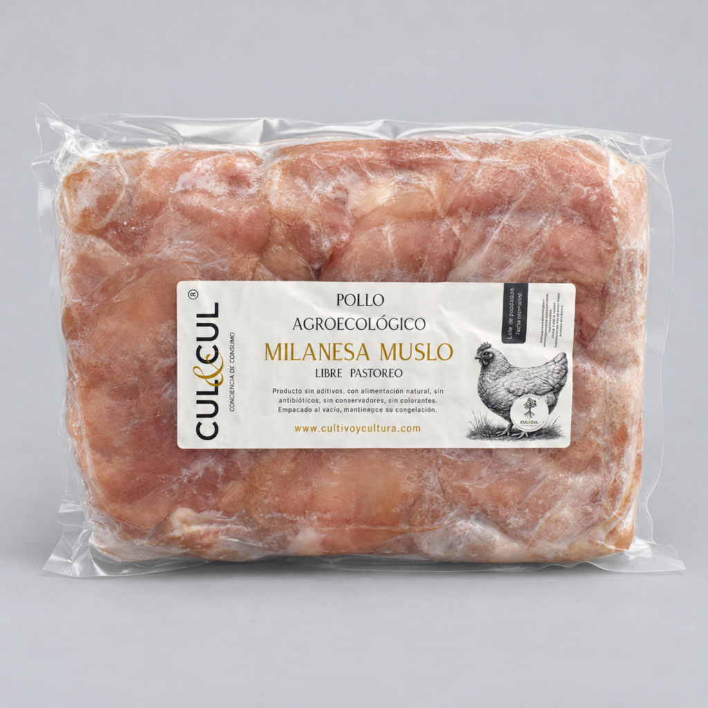 Milanesa de muslo de pollo agroecológico empacada al vacío con etiqueta de CUL&CUL.