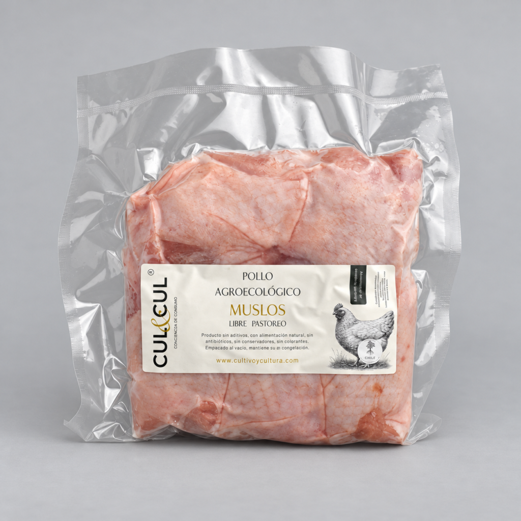 Muslos de pollo agroecológico en bolsa transparente al vacío con etiqueta frontal de CUL&CUL.