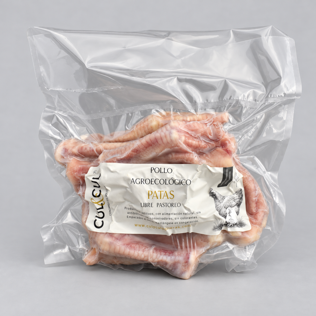 Patas de pollo agroecológico en empaque al vacío con etiqueta de CUL&CUL.