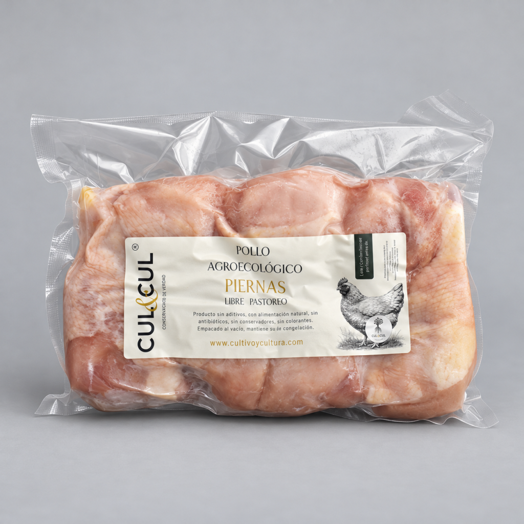 Piernas de pollo agroecológico empacadas al vacío en bolsa transparente con etiqueta de CUL&CUL.