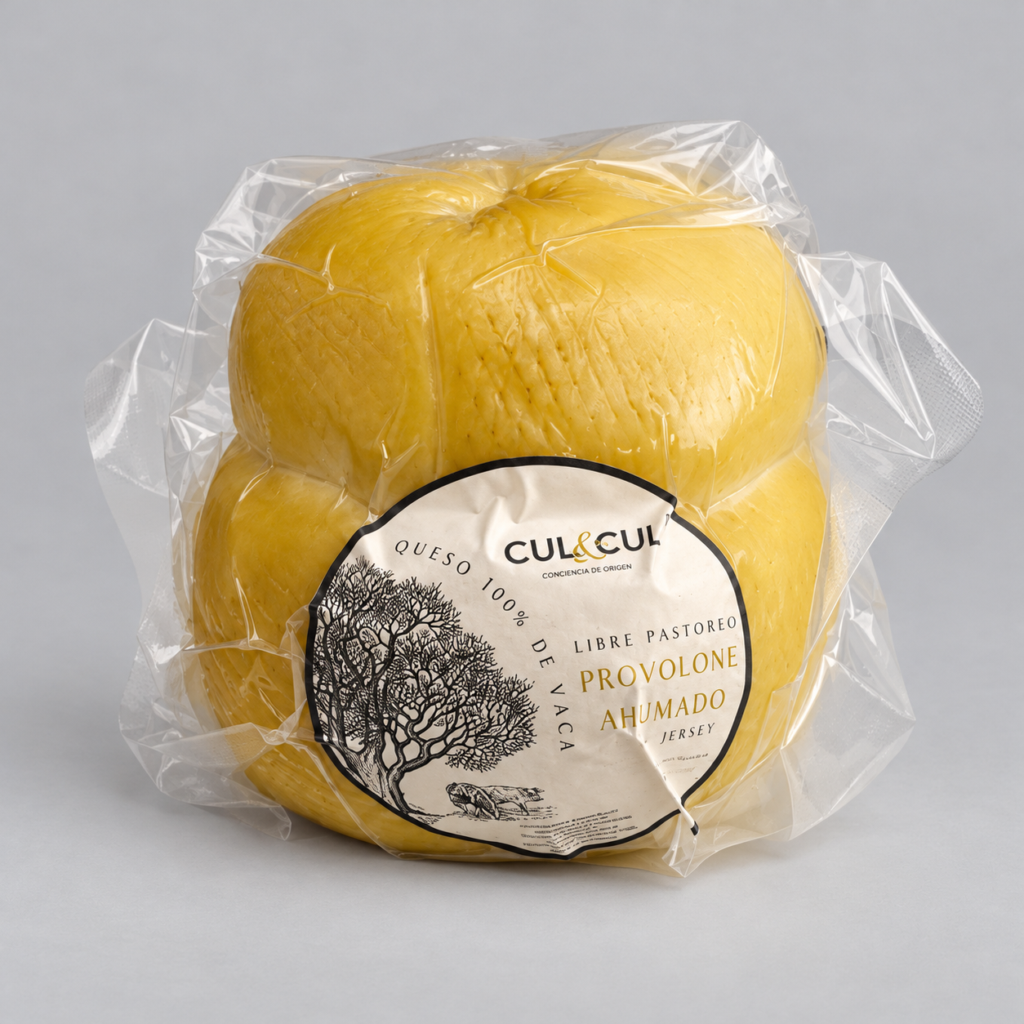 Queso provolone ahumado empacado al vacío, con etiqueta de CUL&CUL.