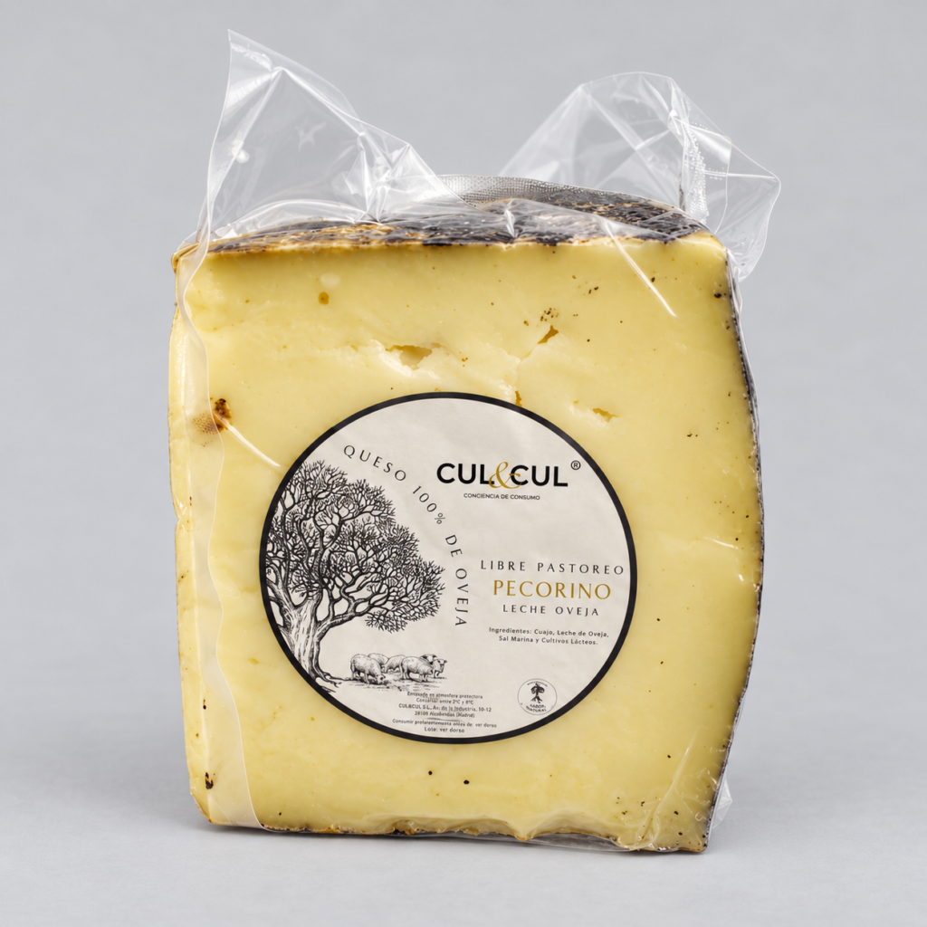Cuña de queso pecorino de oveja empacada al vacío con etiqueta de CUL&CUL.