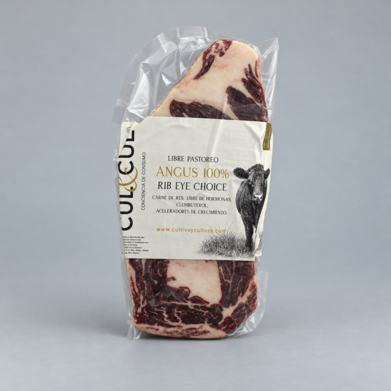 Rib Eye Choice Angus empacado al vacío con etiqueta CUL&CUL.