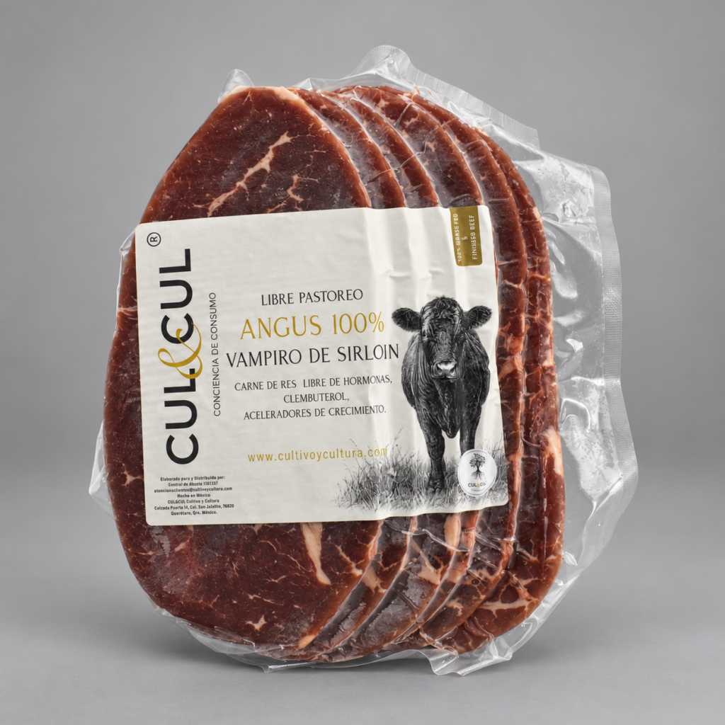 Vampiro de Sirloin Angus empacado al vacío con etiqueta CUL&CUL.