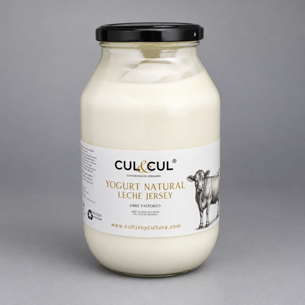 Frasco de yogur natural de leche Jersey CUL&CUL sobre fondo gris