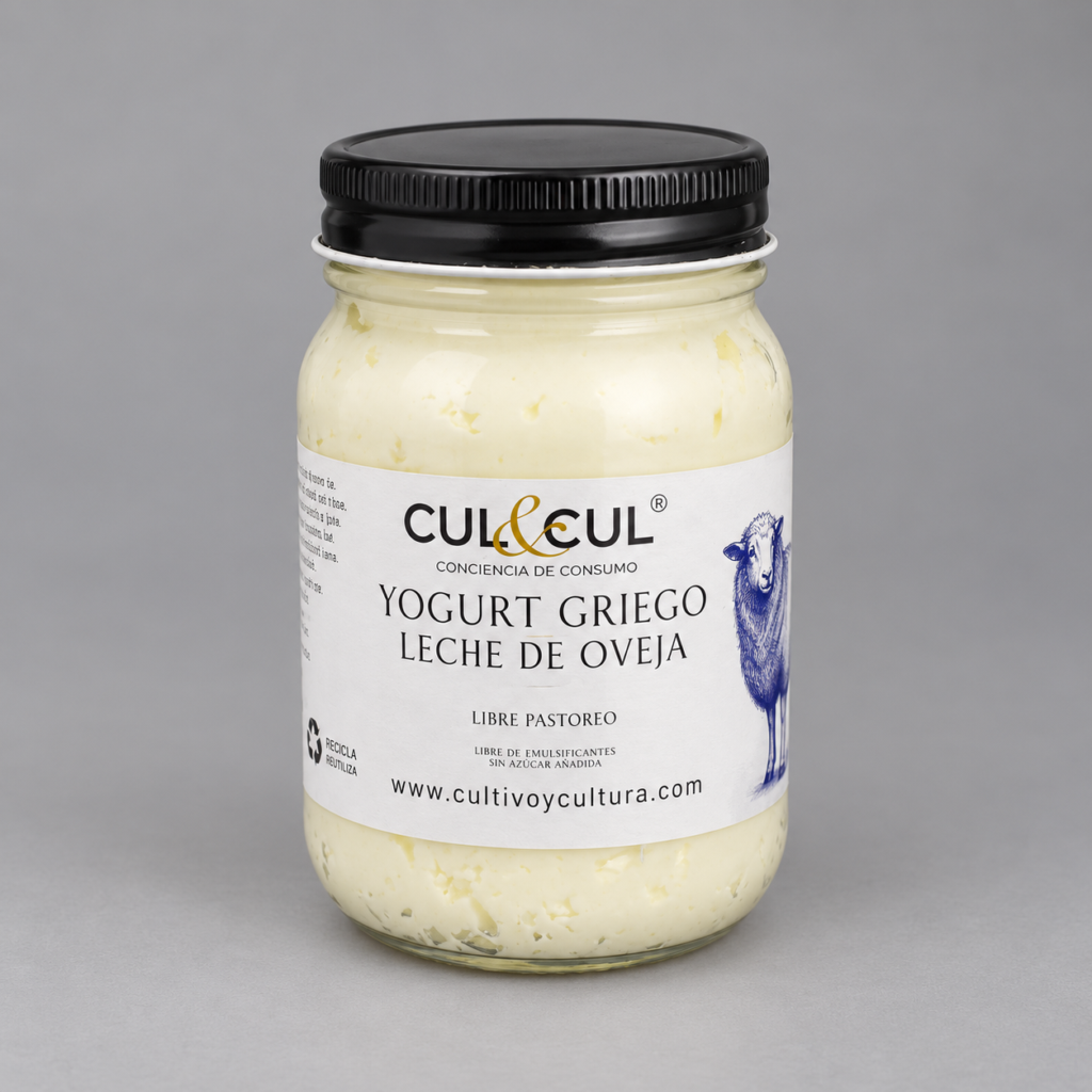 Frasco de Yogurt Griego de Oveja CUL&CUL de 450 g sobre fondo gris